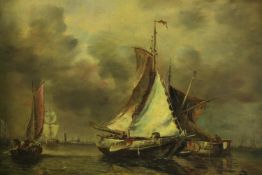 Oil on board. Fishing vessels putting out to sea. In decorative gilt frame. H.60 x W.69cm.