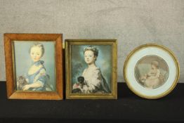 Three framed Georgian portraits prints. The larger of the three is 'A Girl with a Kitten' by Jean-
