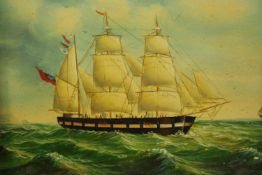 Naval interest. Mid 19th century, or earlier, naive oil painting of a unknown frigate. Flying a flag
