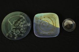 Two studio ceramic plates and a bowl. Dia.28cm (largest).