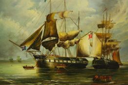 Oil on board. Two Royal Navy ships. One ship is carrying Royal Marines while other marines making