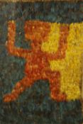 A collage of layered coloured feathers. Titled 'Chimu'. Framed and glazed. Unknown. H.70 x W.60 cm.