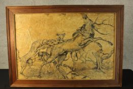 A grisaille of stag brought down by dogs. Framed. H.74 x W.104 cm.