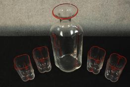 Carlo Moretti, a hand blown glass and enamelled red palm tree decanter and four matching