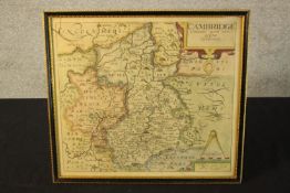 Map of Cambridge. Hand coloured etching circa 1830. Framed and glazed. H.34 x W.37 cm.
