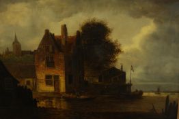 Manner of Michel Van Vries. Oil on board. French. 'Figures traveling down stream in a small boat
