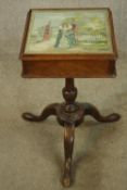 Work table, 19th century walnut with an inset tapestry top under plate glass. H.62 W.34cm.