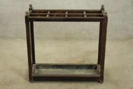 Umbrella stand, C.1900 oak. H.69cm. (Some damage to zinc liner as can be seen).