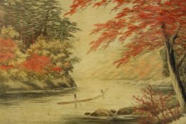 A framed embroidered landscape showing boatmen on a river. In a carved wooden frame. H.49 x W.59 cm.