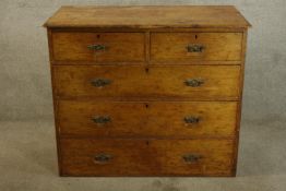 Chest of drawers, Victorian pine, stamped on top of left hand drawer James Shoolbred. H.89 W.105cm.
