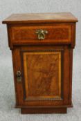 Pot cupboard, 19th century pollard oak with satinwood and ebony strung inlay. H.69 W.44cm.