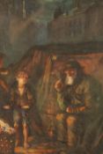 Watercolour, or acrylic. Portrait of a man and a child, sitting by the fire. Framed. H.63 W.46cm.