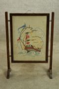 Firescreen, vintage oak with glazed tapestry panel. H.70cm.