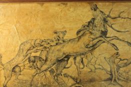 A grisaille of stag brought down by dogs. Framed. H.74 x W.104 cm.