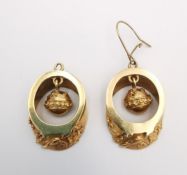 A pair of 14ct rose gold oval drop earrings, applied wirework detailing to the articulated hoops and
