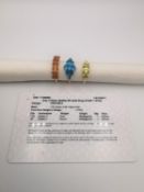 Three 20th century 9 carat gold gem-set rings, one with certificate. An orange sapphire seven