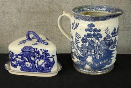 Blue and white cheese dish and jug. Ironstone made in Staffordshire. The largest measures H.24 x W.