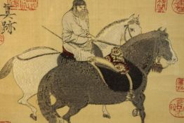 Chinese embroidered artwork, showing a horseman and two horses. With artist and court seals. Framed.