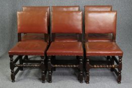 Dining chairs, a set of six oak 17th century style leather upholstered.