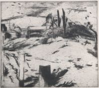 Jane Joseph (British b. 1942). Etching titled 'Island and Posts, Low Tide'. Framed and glazed.