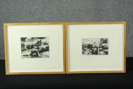 Jane Joseph (British b. 1942). Two etchings titled 'Brentford Low Tide'. Framed and glazed.