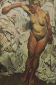 Print. Female nude on sheets. Probably Lucien Freud. Framed. H.66 W.55 cm.