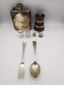 A Swaine and Adeney white metal (tests as silver) four ounce lockable hip flask along with two