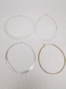 Four silver and gold plated silver collar necklaces and snake chains. One with Greek key design. All