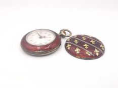 A Swiss gilded silver and guilloche enamel fob watch, Fleur de Lis pattern on red ground (not