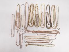 A collection of twenty five rose and yellow gold plated silver chains and necklaces of various