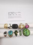 A collection of ten silver and gold plated silver dress rings some set with gemstones, including