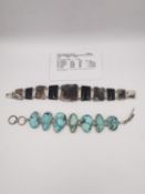Two silver and gemstone bracelets, including a Drusy chalcedony and black agate panel bracelet and a