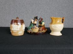 Assorted porcelain to include a Doulton jug, tobacco jar and Staffordshire figures. H.14 x W.15 cm.