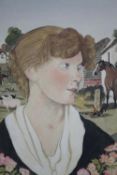 Watercolour portrait of a young woman and a horse. Unsigned. Mounted. H.56 W.42 cm.
