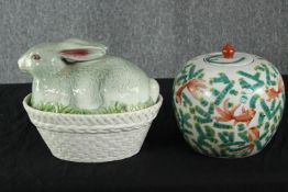 An early 20th century Staffordshire pottery style rabbit soup tureen in the form of a grey rabbit in