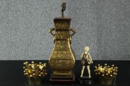 A Chinese Archaic style brass lamp and brass crown shaped bowls. Also, an Art Deco style figure. The