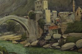 Philip William Cole, watercolour, titled 'Mostar, Yugoslavia' Label verso. Framed and glazed. H.51