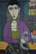 Watercolour. Woman and cat. Unsigned. Framed. H.74 W.63 cm.