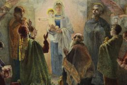 Pre Raphaelite style watercolour. Mary and child. In a decorative gilt frame. Unsigned. H.50 W.82