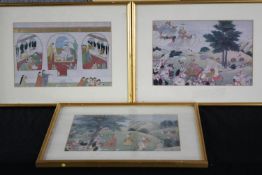 Three Indian prints. Court scenes. Framed and glazed. H.30 W.40 cm.