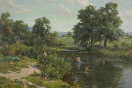 Russian art. A large oil painting on canvas. Bathers in a river landscape dated 1988. Signed