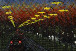 J. M. Preston. Oil painting on board titled 'Commuters'. Framed. H.52 W.67cm.