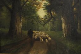 Oil on canvas. A Shepherd with his flock. Damaged canvas. In an ornate gilt decorated frame. Late