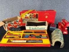 Tri-ang train set. Includes a tunnel, track and rolling stock. Main box sizes 52 x 28 cm