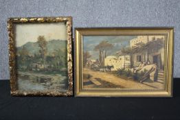 Two oil paintings on board. An impressionist style landscape and a naïve village scene. Both framed.