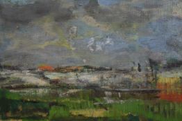 Painting, oil on canvas. Abstract landscape. Signed indistinctly lower right. Circa 1950. In a white