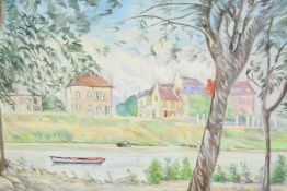 Landscape painting. Oil on canvas. River scene. Signed 'Jecqueline'. H.33 W.46 cm.