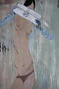 Oil on canvas. Nude holding a handbag. Unsigned. H.92 W.91 cm.
