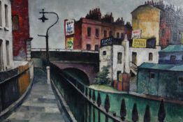 Oil painting on board. Canal scene. Signed 'W.D' and dated 1949. In white frame. H.50 W.62 cm.