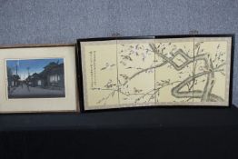 A Chinese folding painting of birds perched on blossoming tree branches. With a poem in Chinese on